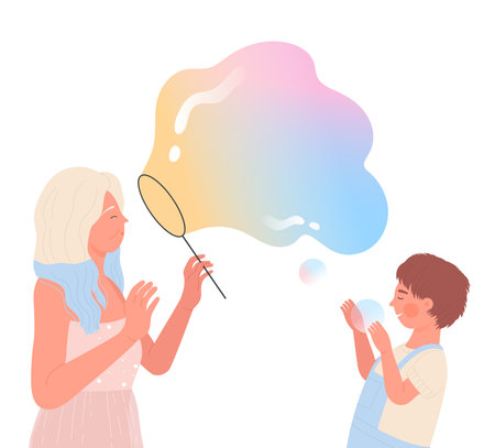 Mother and son boy play and blow soap bubble giant balloons on foam party isolated cartoon flat vector illustrationのイラスト素材