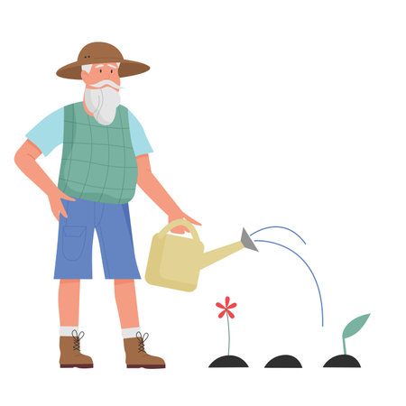 Gardener man watering flowers. Farmer growing plants, farming activity vector illustrationのイラスト素材