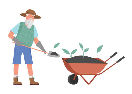 Gardener man with wheelbarrow. Farmer planting sprouts, farming occupation vector illustrationのイラスト素材