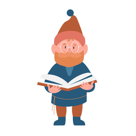 Smart gnome reading a book. Fairytale intelligent dwarf, funny gnome in library vector illustrationのイラスト素材