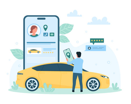 Rent car, service in mobile application vector illustration. Cartoon tiny person holding phone for remote vehicle rental or carsharing, man with smartphone connected to taxi app for city rideのイラスト素材