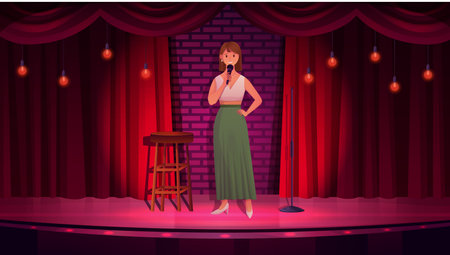 Cartoon young woman with microphone performing funny standup speech. Comedy performance, live stand up show with talent comedian speaking on stage with red curtains and lights vector illustrationのイラスト素材