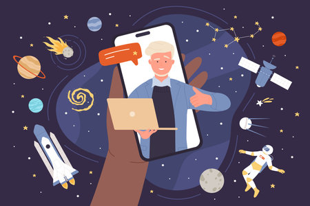 Space exploration and scientific cosmos research online vector illustration. Cartoon hand holding mobile phone with scientist showing thumbs up on screen, night sky with stars and planets, spaceshipのイラスト素材