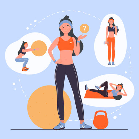 Active woman thinking about variety of physical sport exercises for workout vector illustration. Cartoon girl choosing between healthy different yoga or fitness training in gym, holding question markのイラスト素材