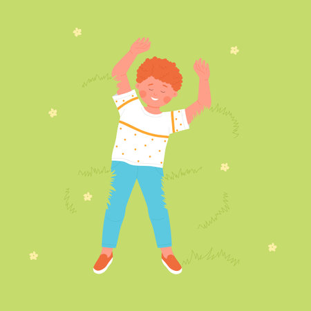 Childhood top view concept. Happy cute red hair boy lying on carpet grass in park or garden, top view vector illustration.のイラスト素材
