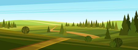 Farm field landscape vector illustration. Cartoon rural grassland scenery, countryside lane road to horizon through green pasture meadows with grass and trees in fields, summer farmland panoramaのイラスト素材
