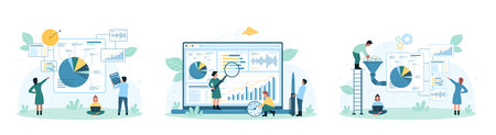 Stock market data analytics set vector illustration. Cartoon tiny people work on conversion of big data flow in funnel, research graphs, candlestick and pie charts with magnifying glass and calculatorのイラスト素材
