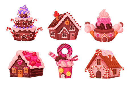 Candy houses set vector illustration. Cartoon isolated gingerbread, chocolate cake and cupcake fantasy buildings for fairy tale land with cookies and donuts, candy caramel and ice cream decorationのイラスト素材