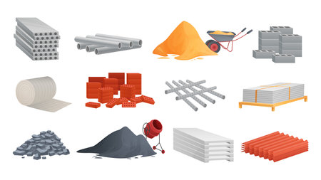 Construction materials and equipment set vector illustration. Cartoon concrete mixer with cement pile, pipe, bricks and blocks stack, stones and sand heap with wheelbarrow for building and renovationのイラスト素材