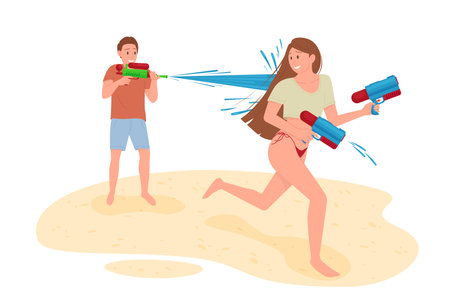 Boy and girl playing with water guns, funny fight of young people vector illustration. Cartoon isolated male character holding pump plastic toy pistol to squirt water on summer festival celebrationのイラスト素材