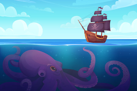 Cartoon sea or ocean game adventure background template with boat sailing for treasure chest and monster. Pirate ship and giant underwater octopus vector illustrationのイラスト素材