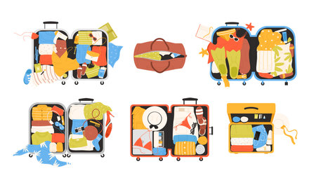 Open suitcases and bags set vector illustration. Cartoon isolated hand baggage of tourists collection with top view of luggage, folded and messy clothes, scattered things and beach accessoriesのイラスト素材