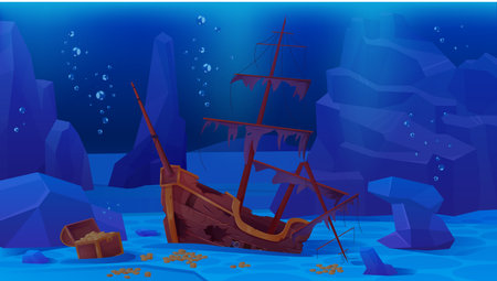 Sunken pirate ship on sea or ocean bottom vector illustration. Cartoon deep underwater game scene of shipwreck, wooden boat with broken mast and deck, bubbles in blue water and gold treasure on seabedのイラスト素材