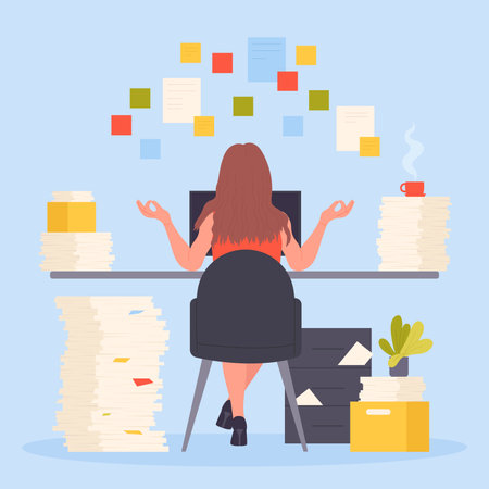 Paperwork in mess, bureaucracy and work overload vector illustration. Cartoon female employee sitting at table with big piles of paper documents and cup of coffee, girl in calm zen pose back viewのイラスト素材