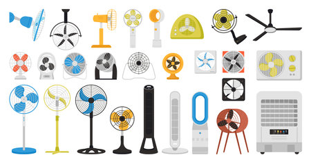 Electric fan set vector illustration. Cartoon isolated conditioning appliances and fan ventilators of different types for ventilation of office and home, cooling equipment for ceiling, desk and wallのイラスト素材
