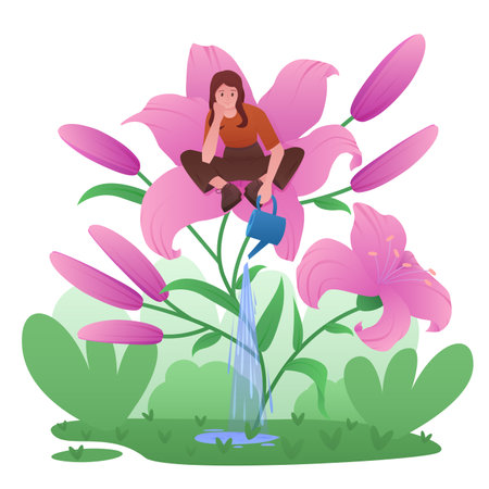 Self love and positive mood, psychology concept vector illustration. Cartoon tiny girl watering garden flowers from can sitting inside to take care of herself and grow wellbeing and optimistic mindsetのイラスト素材