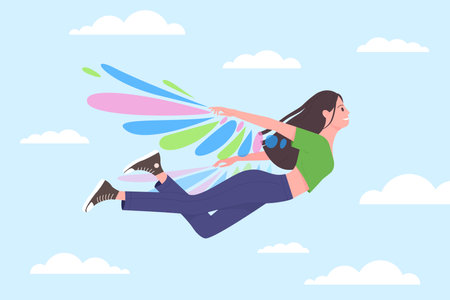 Happy girl flying on colorful wings in blue sky with clouds vector illustration. Cartoon cute free teen character dreaming about freedom and flight like bird, daydream and inspiration conceptのイラスト素材