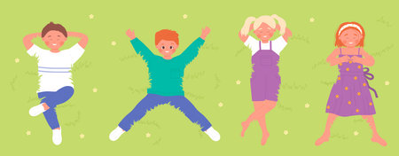 Cartoon school funny friends characters play on summer or spring day background. Friendship, childhood concept. Happy cute children lying on grass in park or garden, top view vector illustrationのイラスト素材