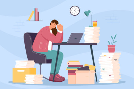 Office bureaucracy and employee overload vector illustration. Cartoon frustrated tired woman working overtime, sitting at desk with laptop and lamp, big piles of paper documents and lot of foldersのイラスト素材