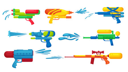 Water guns set vector illustration. Cartoon isolated festival watergun toys with water splashes collection, cute squirt pistols for summer party and festival, funny weapon for fun fight game of kidsのイラスト素材