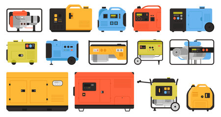 Ilustración de Electric generators set vector illustration. Cartoon isolated industrial diesel machines of portable transformer power station on construction site, motor equipment for electricity generation - Imagen libre de derechos