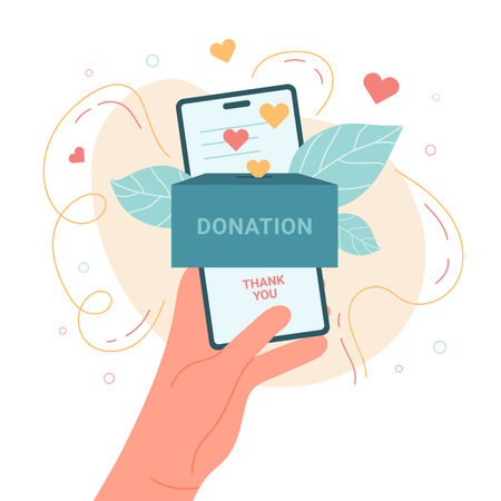 Hand holding mobile phone with donation box on screen charity concept vector illustrationのイラスト素材