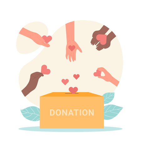 Hands of people donate. Volunteers give hearts to donation box flat vector illustration. Hope, solidarity, aid for refugees conceptのイラスト素材
