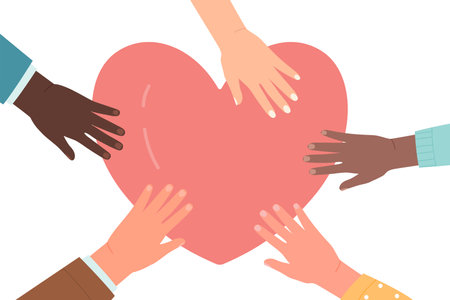Hands of people donate and help. Volunteers give hearts to donation box flat vector illustration. Hope, solidarity, aid for refugees conceptのイラスト素材