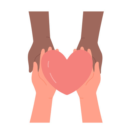 Charity concept, hands holding heart together. Volunteers giving support, assistance and care flat vector illustrationのイラスト素材
