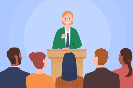 Cartoon female speaker character speaking to crowd of people, politician in suit standing at podium with microphone to talk.Public speech confident woman leader in front audience vector illustrationのイラスト素材