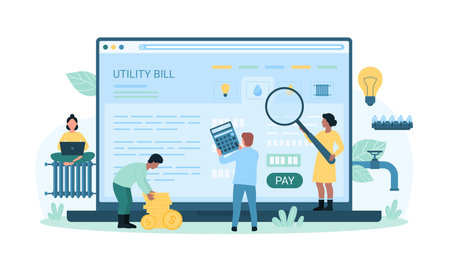 Payment of utility bills vector illustration. Cartoon tiny people hold calculator, money and magnifying glass to check and manage expenses, pay for gas and water supply, heating and electricityのイラスト素材