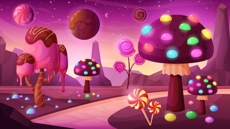 Candy fantasy planet vector illustration. Cartoon magic neon background, cosmic landscape for computer game with fairy tale ice cream and lollipop plants, biscuit mushrooms with sweets and chocolateのイラスト素材