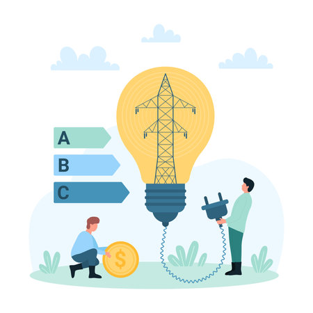 Save energy and electricity vector illustration. Cartoon tiny people holding light bulb plug and money, saving electricity of transmission tower with efficiency, pay for consumption utility billsのイラスト素材