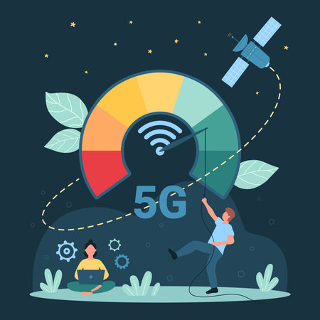 Cartoon tiny man pushing arrow on speed meter to reduce latency of broadcast signal wifi waves,...