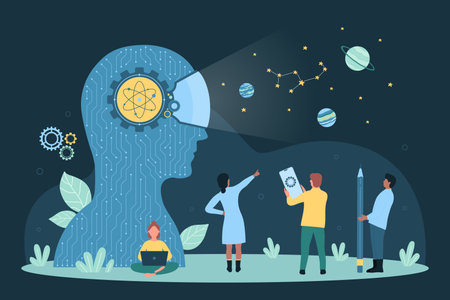 Cartoon tiny people work with smart AI brain in silhouette of abstract human head with digital device, neuro vision and thinking of cyber intellect. Artificial intelligence dark vector illustration.のイラスト素材