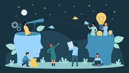 Cartoon professional tiny HR employees with telescope, light bulbs and megaphone inside abstract heads in search of talent candidates for vacancy and specialists. Human resources vector illustration.のイラスト素材