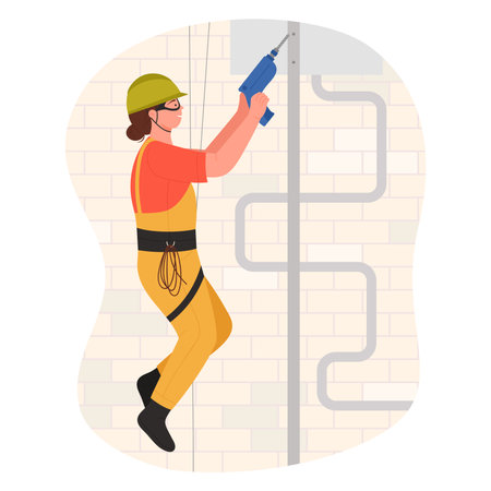 Construction worker hanging on rope with drill vector illustration. Cartoon isolated scene of building work at height, woman industrial climber in safety belt and helmet working with equipmentのイラスト素材