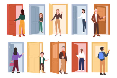 People opening doors set vector illustration. Cartoon isolated young and old male and female characters standing at open and closed doors of office or home, holding knock, entering or leaving buildingのイラスト素材