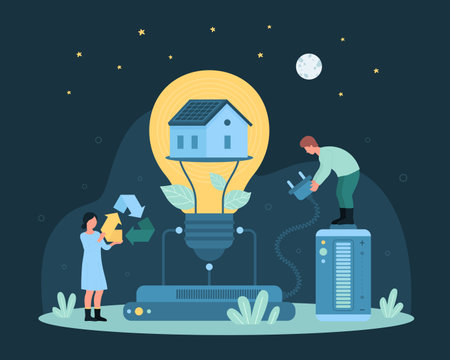 Cartoon tiny people hold recycling sign, plug of charger to recharge and connect smart family home inside bright light bulb to battery, electro station of future. Eco energy dark vector illustrationのイラスト素材