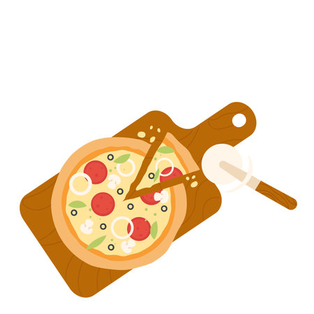 Sliced pizza on board. Homemade pizza, cheese melting pizza vector illustrationのイラスト素材