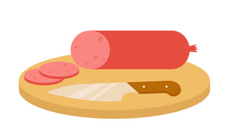 Cutting salami and sausage. Sliced salami on chopping board vector illustrationのイラスト素材