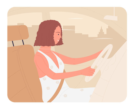 Young woman driving in her car. Personal transportation auto vector illustrationのイラスト素材