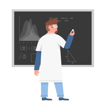Scientist man at blackboard. Researcher writing analysis results vector illustrationのイラスト素材