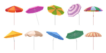 Beach umbrellas set vector illustration. Cartoon isolated collection of summer sunshade with different colors and patterns, side view of garden or swimming pool parasols for sea vacation relaxのイラスト素材