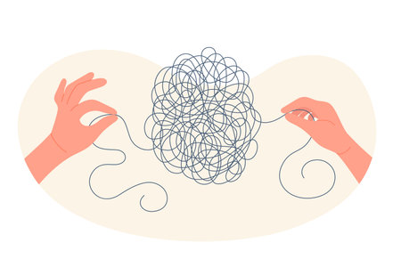 Mental health, coaching, psychology therapy to care mind vector illustration. Cartoon isolated hands of coach unravel tangled knot of string, bring order to chaos and clutter on psychotherapy sessionのイラスト素材