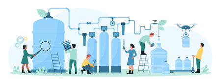 Production process of clean water vector illustration. Cartoon tiny people work with factory treatment facility, pour drinking water into plastic bottles and portable coolers, delivery with dronesのイラスト素材
