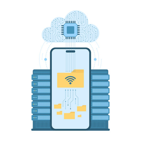 Cloud system for digital data synchronization, backup and storage vector illustration. Cartoon isolated folders with information on mobile phone screen synchronized through database server connectionのイラスト素材