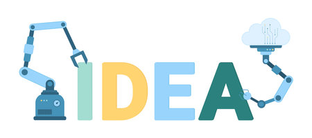 Arms of robots build Idea word vector illustration. Cartoon automatic and mechanic robotic hands create innovation, production, development and control of creation process by automaton servicesのイラスト素材