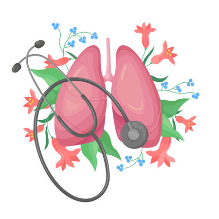 Lung health care, diagnosis and care for diseases vector illustration. Cartoon isolated human lungs with red flowers and green leaves for healthy breathing, medical stethoscope for examinationのイラスト素材