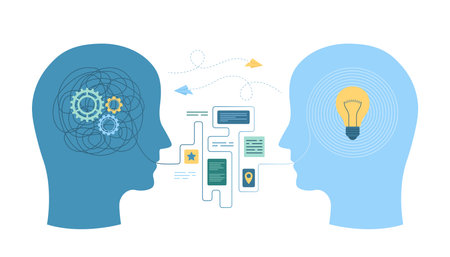Creative help in difficult problem, understanding vector illustration. Cartoon isolated silhouettes of human heads with connection of messages and communications, process of unraveling tangled threadのイラスト素材